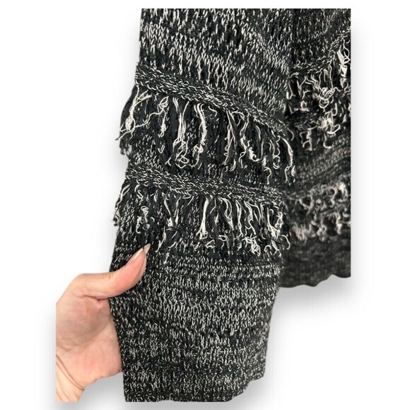 Knox Rose L Black White Fringe Cardigan Boho Open Front Chunky Knit Sweater Coat - Picture 6 of 11